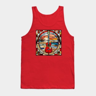 Red Guitar Beach Sunset Stained Glass Tank Top